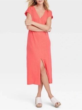 Universal Thread Coral-Red V-Neck Maxi T-shirt Dress with Front Slit XS